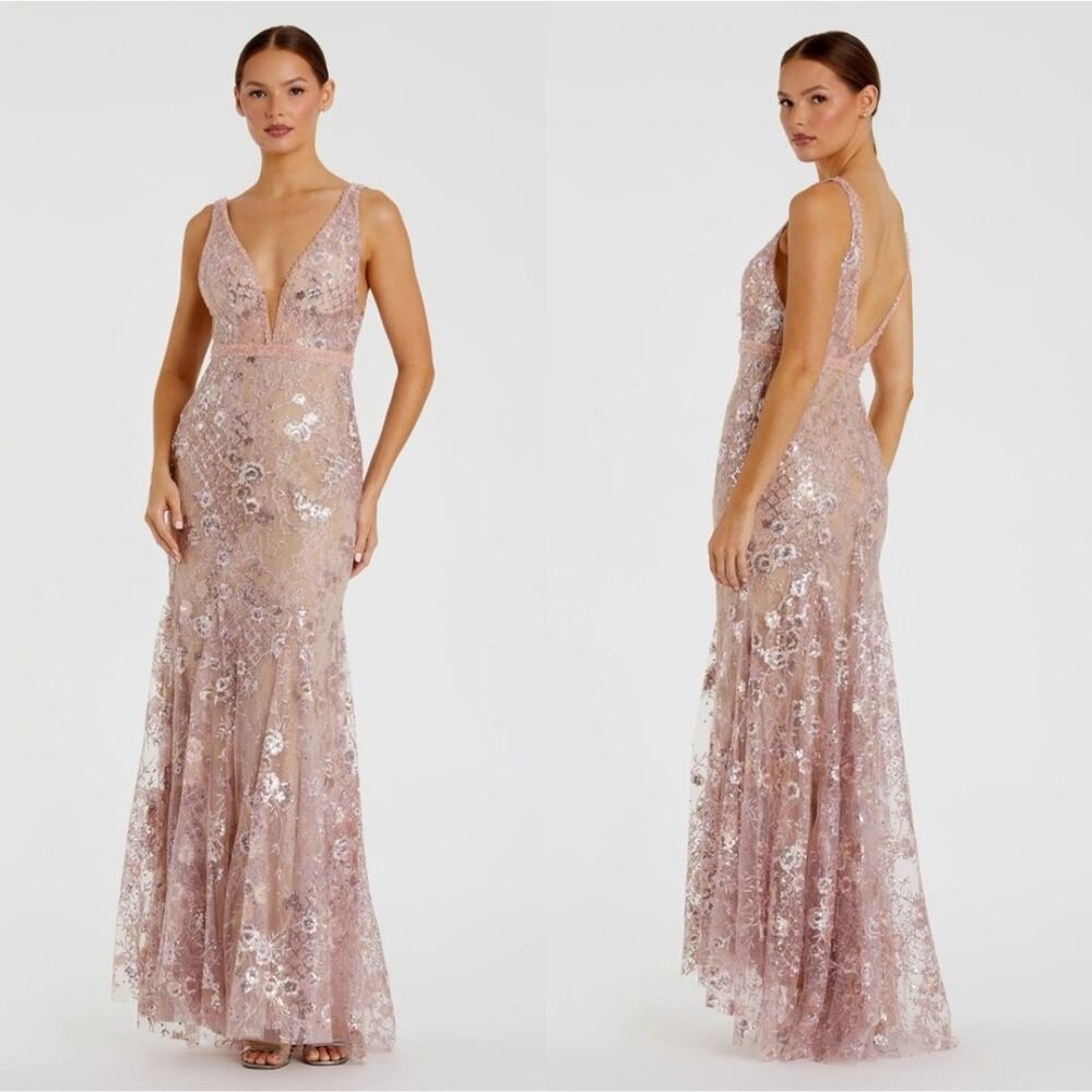 Mac Duggal 67481 Pink Floral Embellished Sleeveless Plunge Neck Gown Size 6